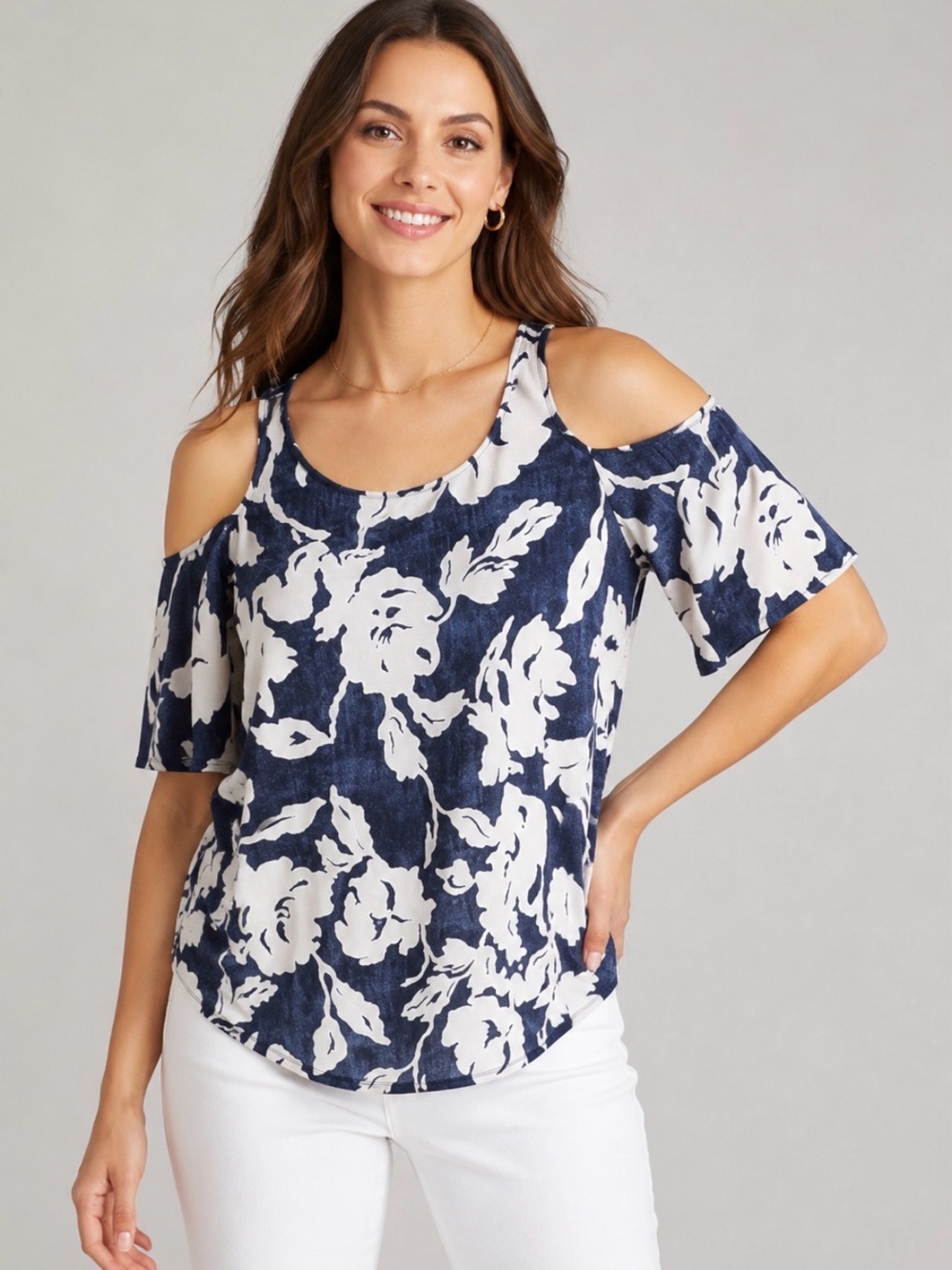 INC Navy and White Floral Women's cold shoulder Top, NWT, L
